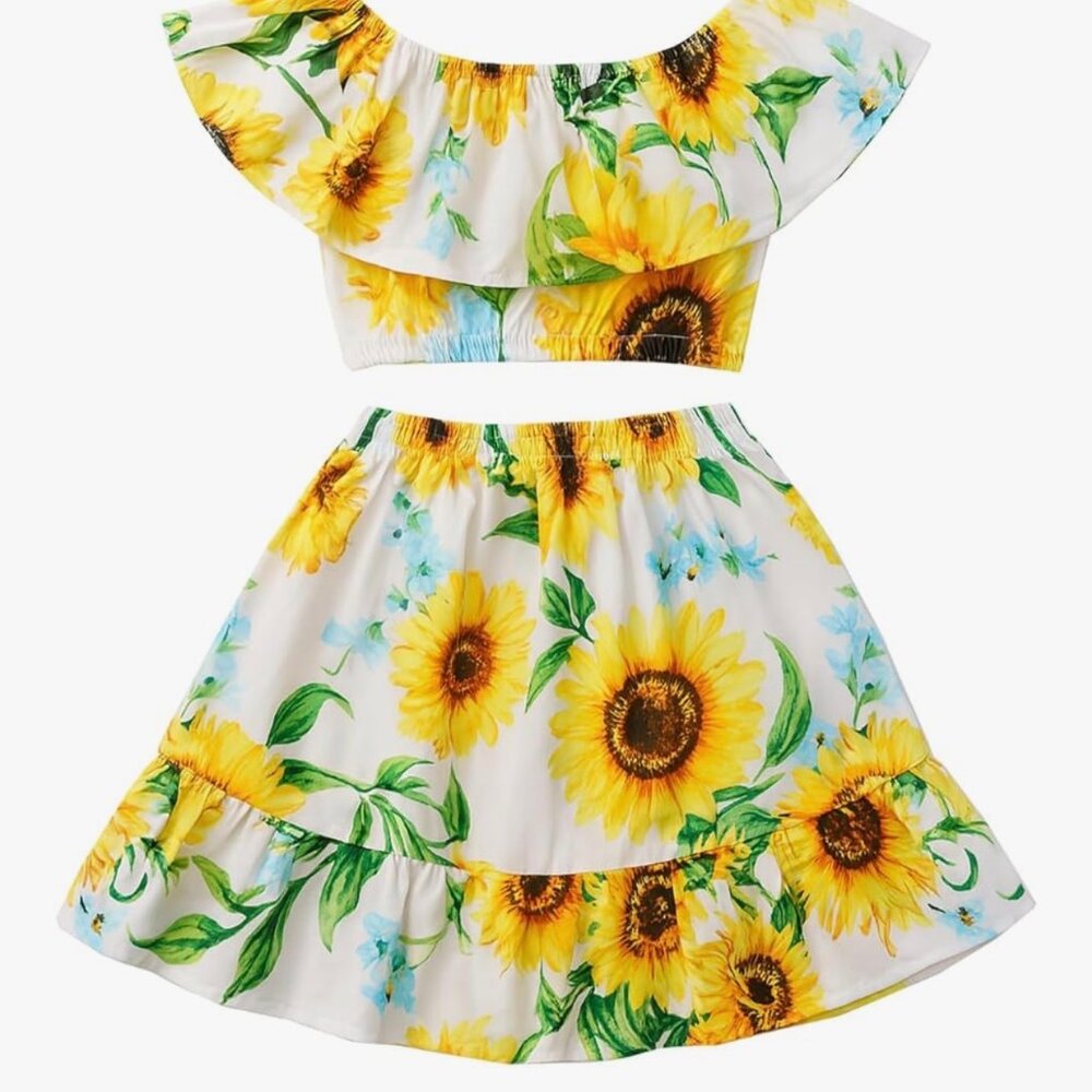 Cute Sunflower pattern 2 piece Girls Skirt and Top